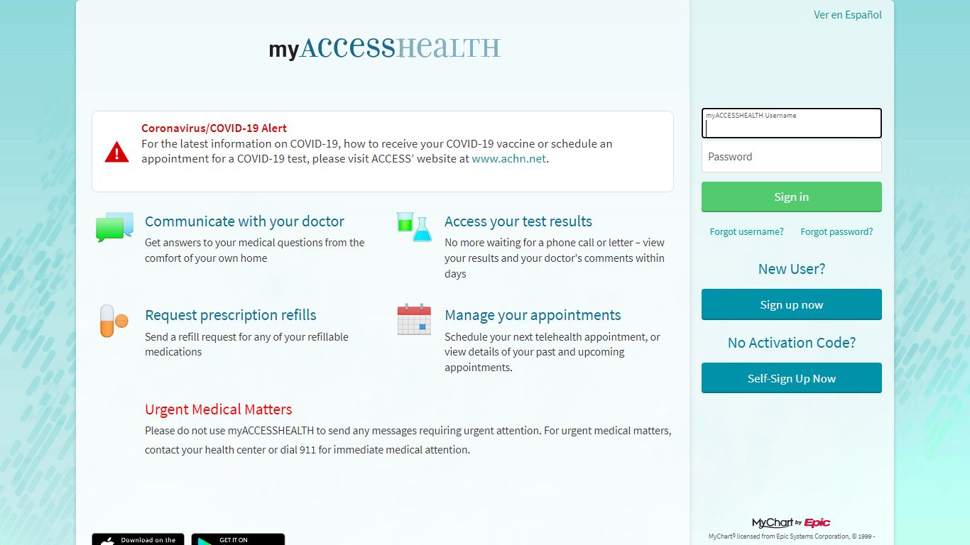 myACCESSHEALTH - Login Page